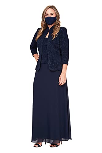 Alex Evenings Women's Plus Size Long Dress with Mandarin Neckline Jacket, Navy, 16W