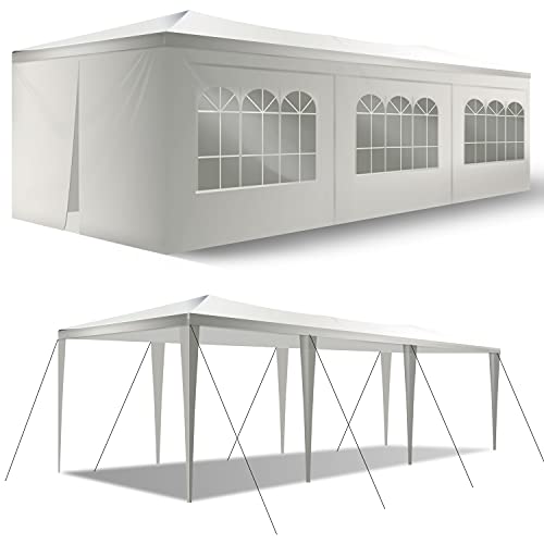 HCY Party Tent 10'x30' Gazebo Canopy Heavy Duty Outdoor Tent Waterproof UV Protection Pavilion with 8 Removable Sidewalls for Wedding, Camping Shelter (White)