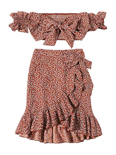 MakeMeChic Women's Two Piece Floral Ruffle Trim Cami Crop Top and Wrap Skirt Set Rust Small