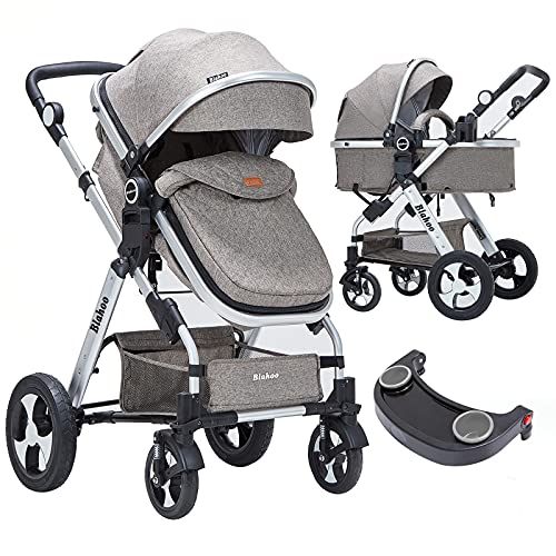 Blahoo Baby Stroller for Newborn, 2 in1 High Landscape Stroller, Foldable Aluminum Alloy Pushchair with Adjustable Backrest.Adjustable Awning, Variable Seat and Recliner（Coffee