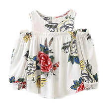 Load image into Gallery viewer, Colorful Childhood Girls&#39; Big Cold Shoulder Ruffle Long Sleeve Loose Soft Shirt Tops Spring Floral Blouse White Size 7-8T
