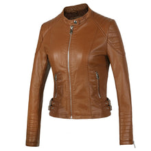 Load image into Gallery viewer, 2021 Fashion Women Elegant Zipper Faux Leather Biker Jacket in Brown Black Slim Ladies Coat Casual brand Motorcycle Leather Coat
